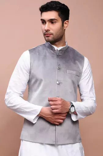 men's solid grey slim fit nehru jacket