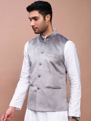 men's solid grey slim fit nehru jacket 3