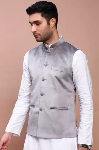 men's solid grey slim fit nehru jacket