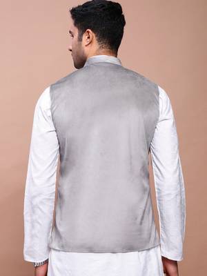 men's solid grey slim fit nehru jacket 4