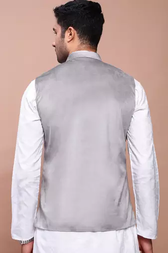 men's solid grey slim fit nehru jacket