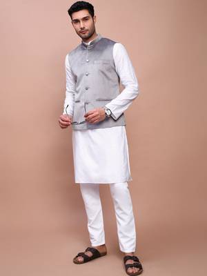 men's solid grey slim fit nehru jacket 5