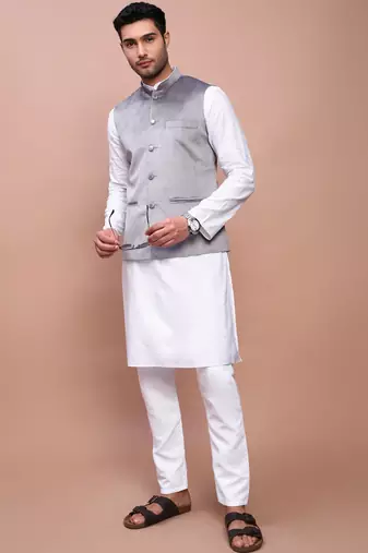 men's solid grey slim fit nehru jacket