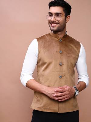 men's solid khaki slim fit nehru jacket 1
