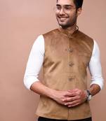 men's solid khaki slim fit nehru jacket