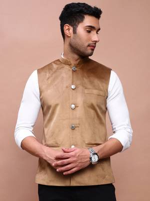 men's solid khaki slim fit nehru jacket 2