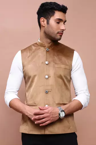 men's solid khaki slim fit nehru jacket