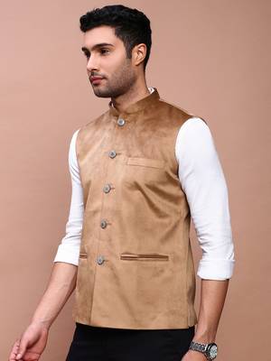 men's solid khaki slim fit nehru jacket 3