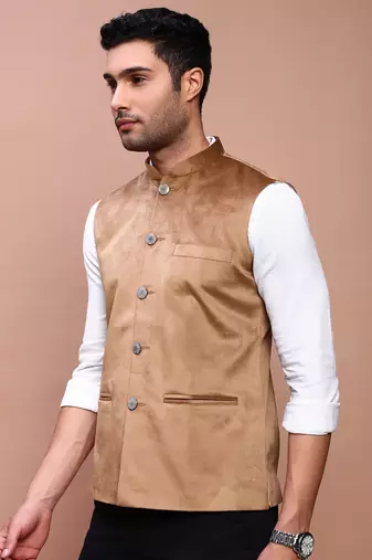 men's solid khaki slim fit nehru jacket