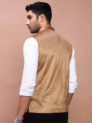 men's solid khaki slim fit nehru jacket 4