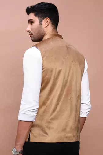 men's solid khaki slim fit nehru jacket