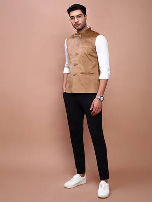 men's solid khaki slim fit nehru jacket 5