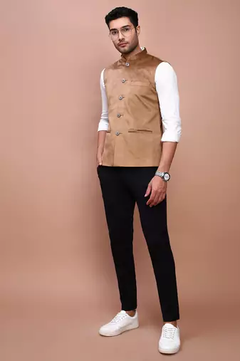 men's solid khaki slim fit nehru jacket