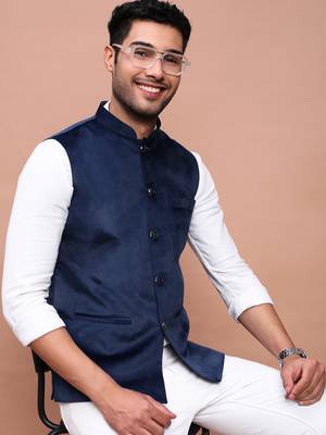 men's solid navy blue slim fit nehru jacket 1