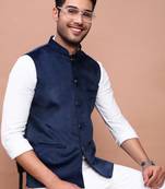 men's solid navy blue slim fit nehru jacket