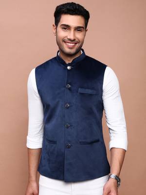 men's solid navy blue slim fit nehru jacket 2