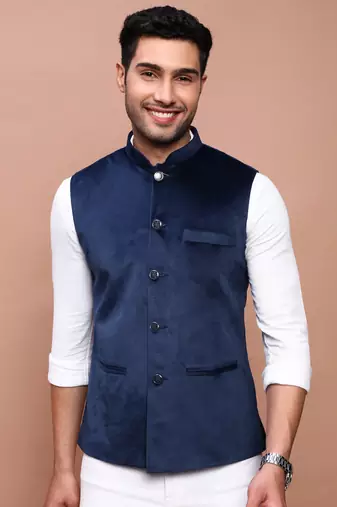 men's solid navy blue slim fit nehru jacket