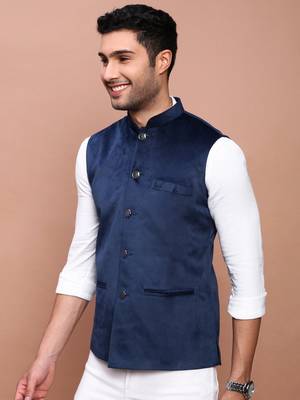men's solid navy blue slim fit nehru jacket 3
