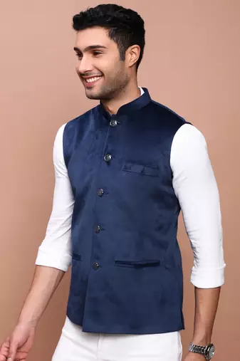 men's solid navy blue slim fit nehru jacket