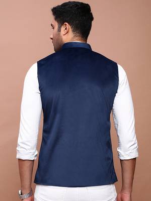 men's solid navy blue slim fit nehru jacket 4