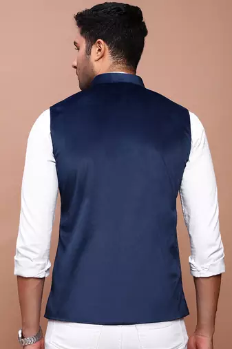 men's solid navy blue slim fit nehru jacket