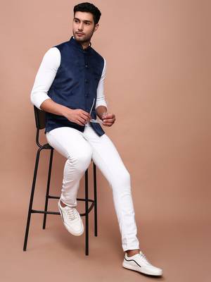 men's solid navy blue slim fit nehru jacket 5