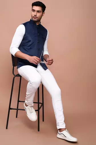 men's solid navy blue slim fit nehru jacket