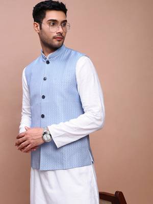 men's woven design blue slim fit nehru jacket 1