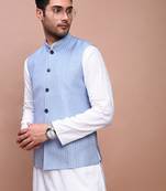 men's woven design blue slim fit nehru jacket