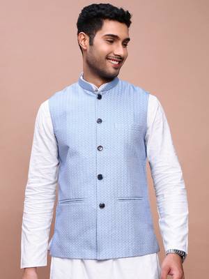 men's woven design blue slim fit nehru jacket 2