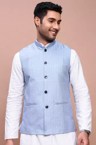 men's woven design blue slim fit nehru jacket