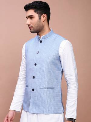 men's woven design blue slim fit nehru jacket 3