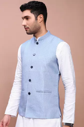 men's woven design blue slim fit nehru jacket
