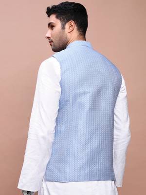 men's woven design blue slim fit nehru jacket 4
