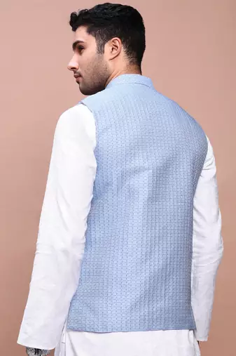 men's woven design blue slim fit nehru jacket