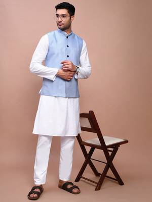 men's woven design blue slim fit nehru jacket 5
