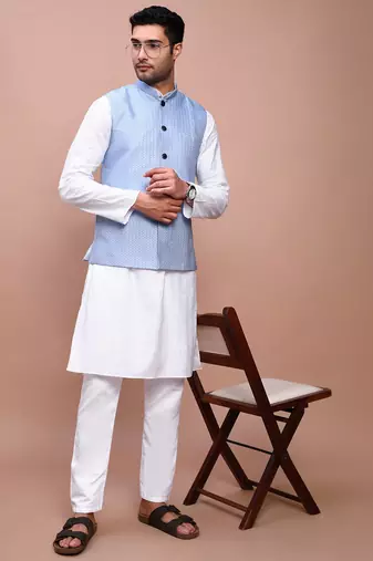 men's woven design blue slim fit nehru jacket