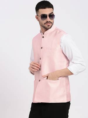 men's woven design peach slim fit nehru jacket 1