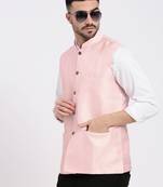 men's woven design peach slim fit nehru jacket
