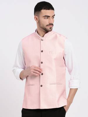 men's woven design peach slim fit nehru jacket 2