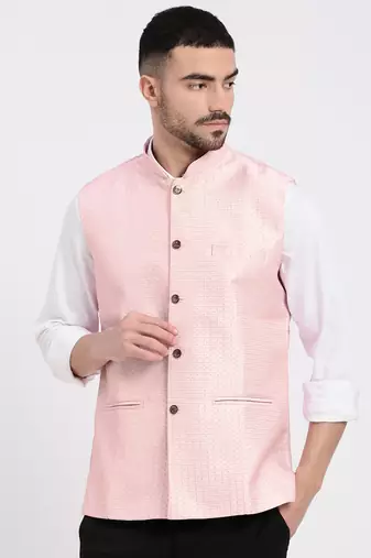 men's woven design peach slim fit nehru jacket