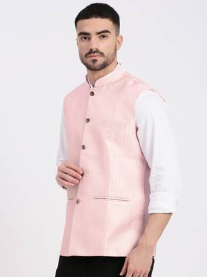 men's woven design peach slim fit nehru jacket 3