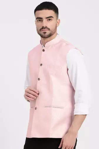 men's woven design peach slim fit nehru jacket