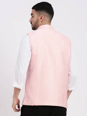men's woven design peach slim fit nehru jacket 4