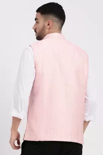 men's woven design peach slim fit nehru jacket