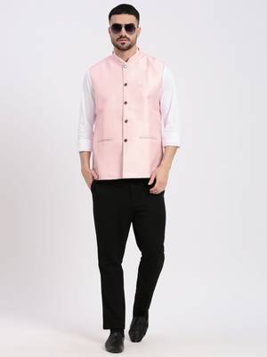 men's woven design peach slim fit nehru jacket 5