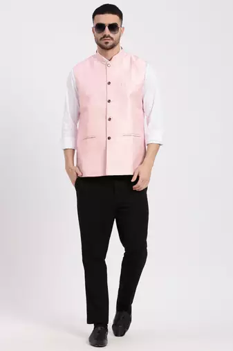 men's woven design peach slim fit nehru jacket
