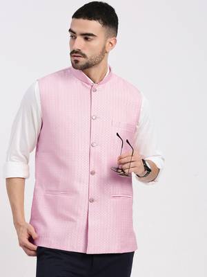 men's woven design pink slim fit nehru jacket 1
