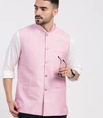 men's woven design pink slim fit nehru jacket