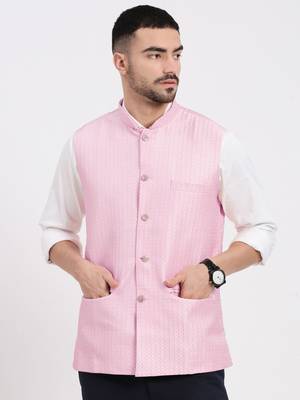 men's woven design pink slim fit nehru jacket 2